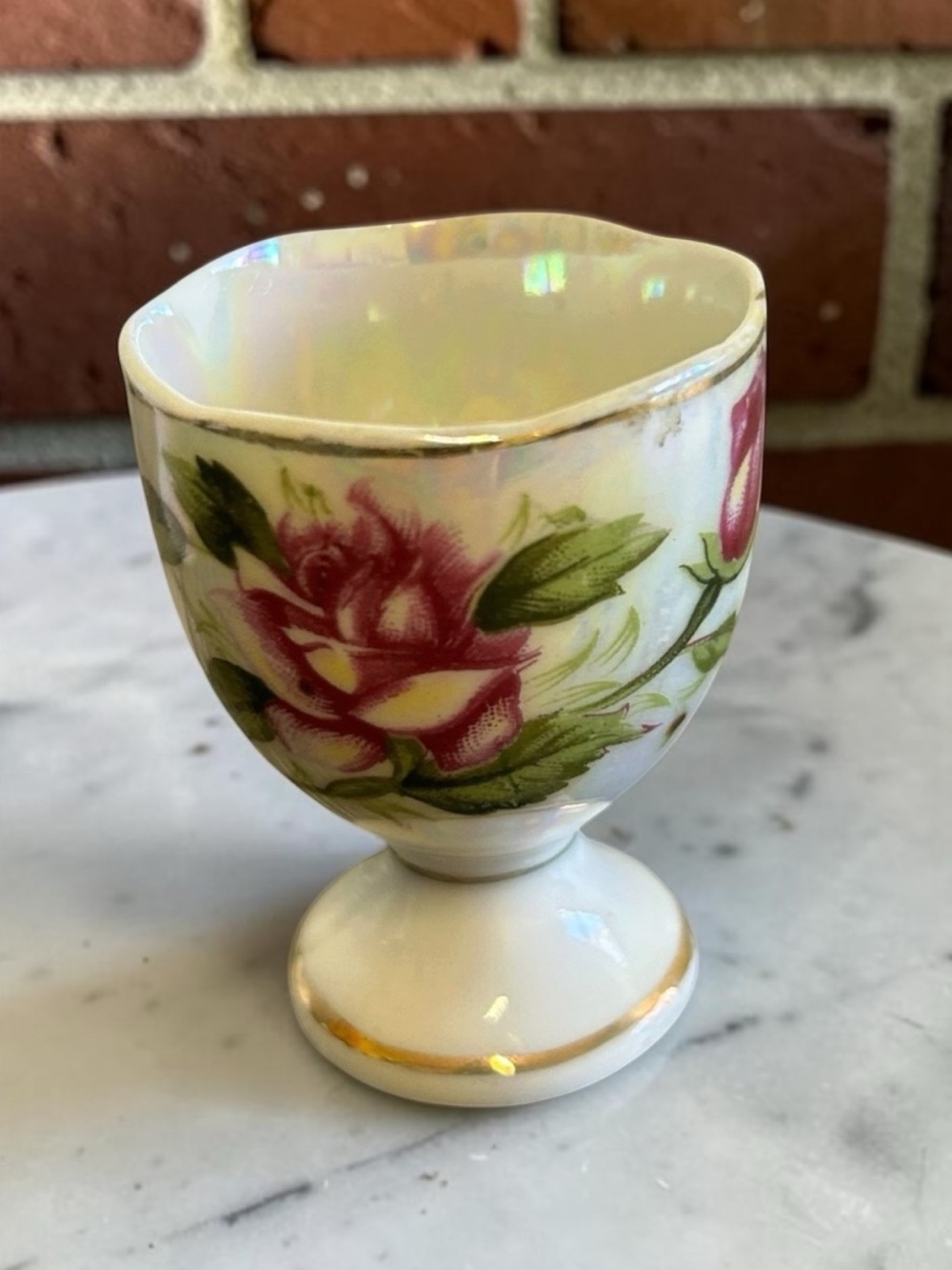 Vintage Moss Rose Porcelain Footed Egg Cup - Made in Japan